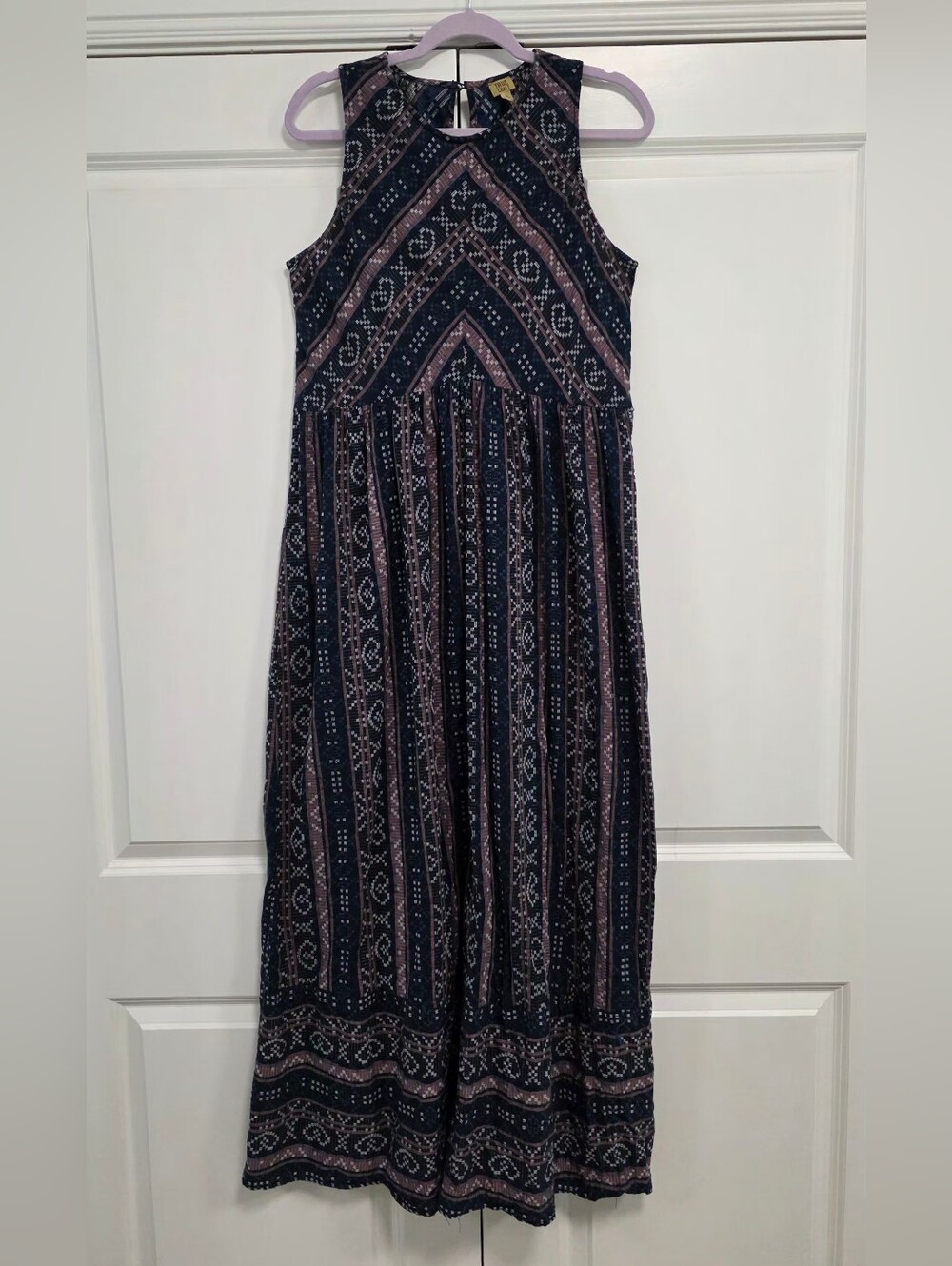 True Craft Textile Navy and Mauve Sleeveless Patterned Maxi Dress XL